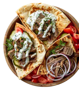 Gyros hússal, pitával és friss zöldségekkel készített tál